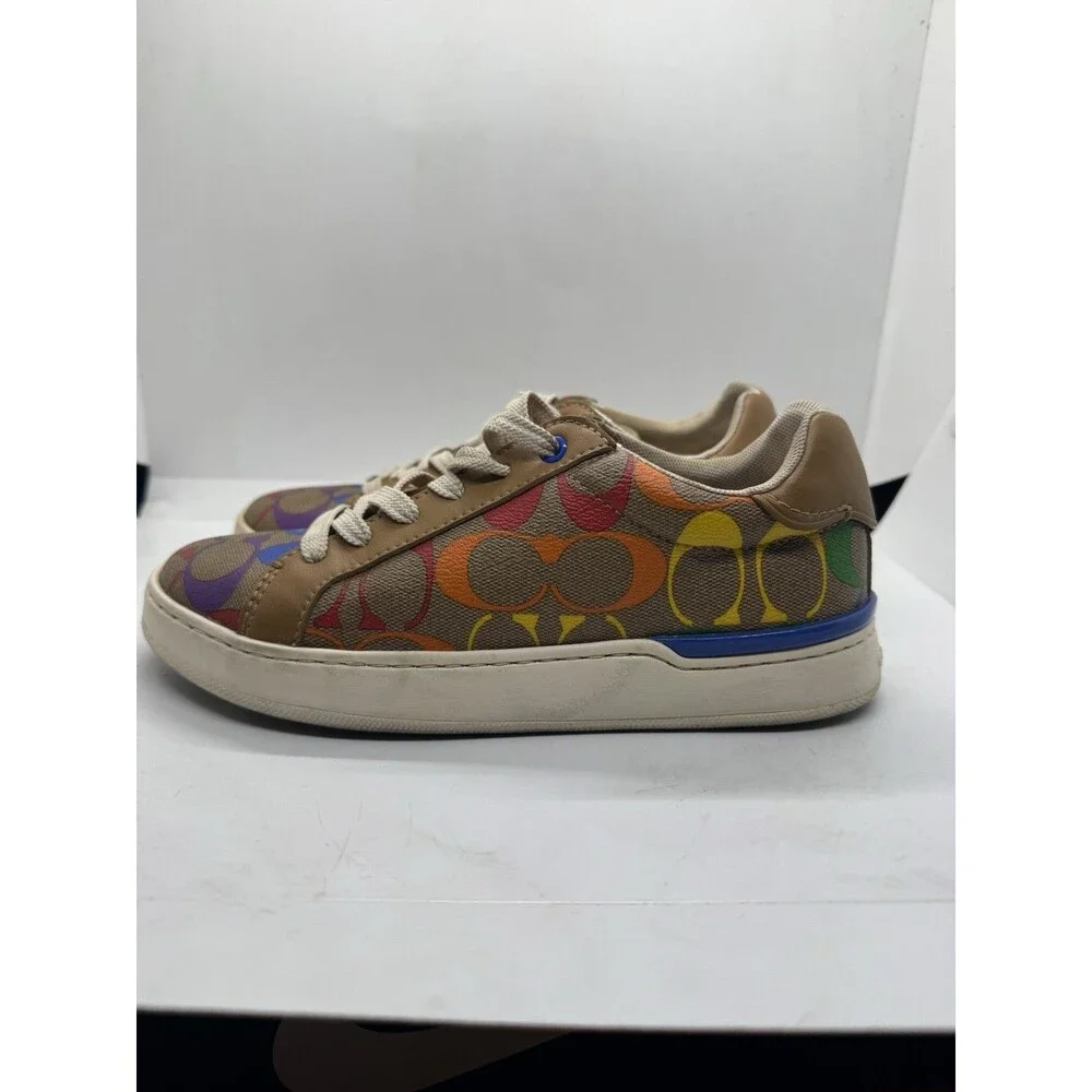 Coach Lowline  Sneaker Woman Size 5B Tan Rainbow Signature Canvas